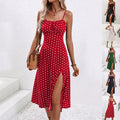 New Polka Dot Print Suspender Dress Summer Sexy Slit Long Dresses For Womens Clothing Angelwarriorfitness.com