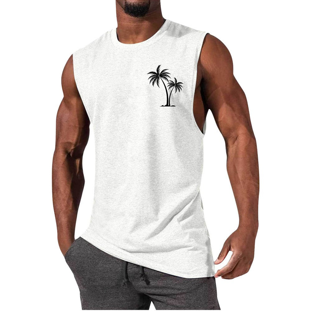 Coconut Tree Embroidery Vest Summer Beach Tank Tops Workout Muscle Men Sports Fitness T-shirt Angelwarriorfitness.com