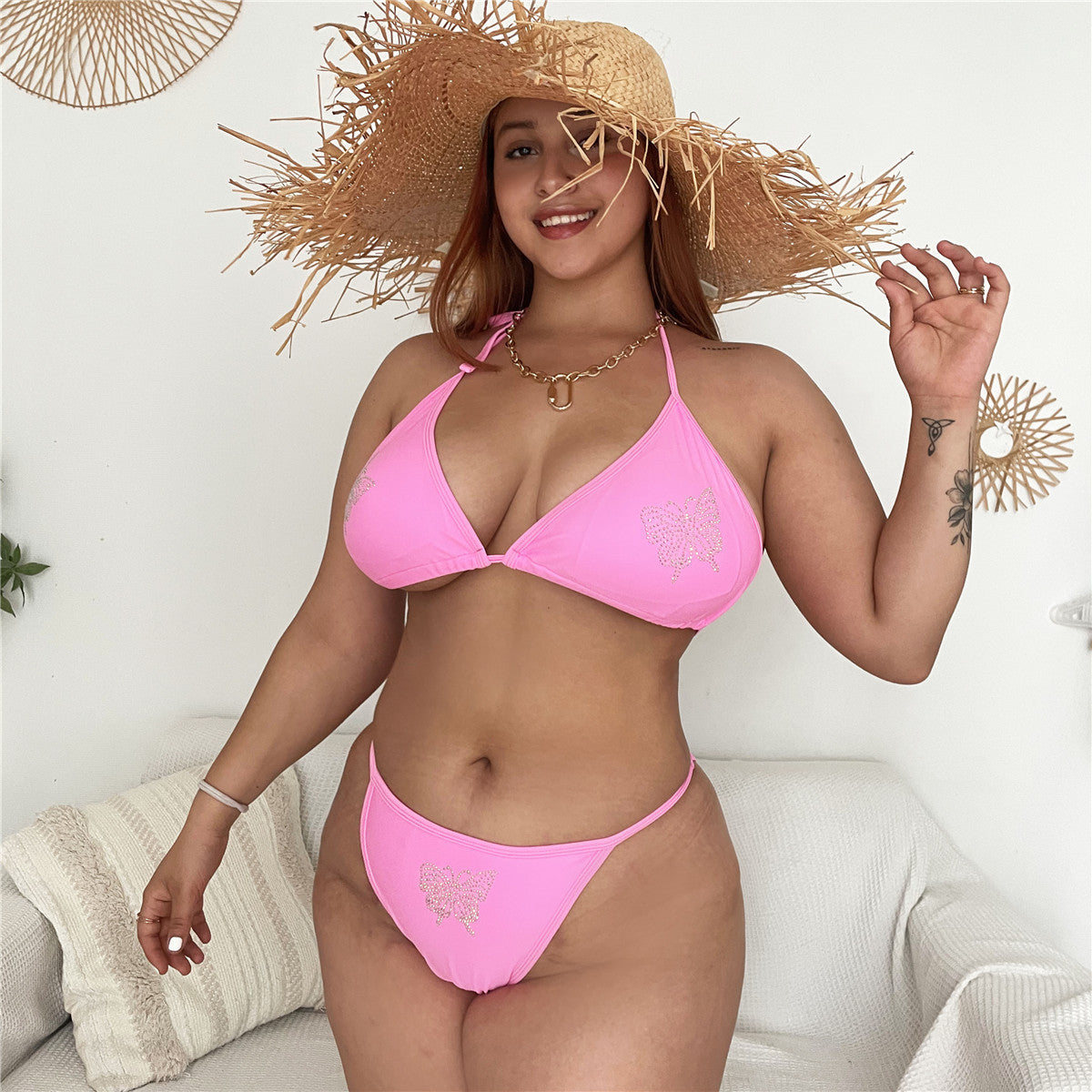 Ladies Solid Color Plus Size Rhinestone Lace-Up Swimsuit Angelwarriorfitness.com