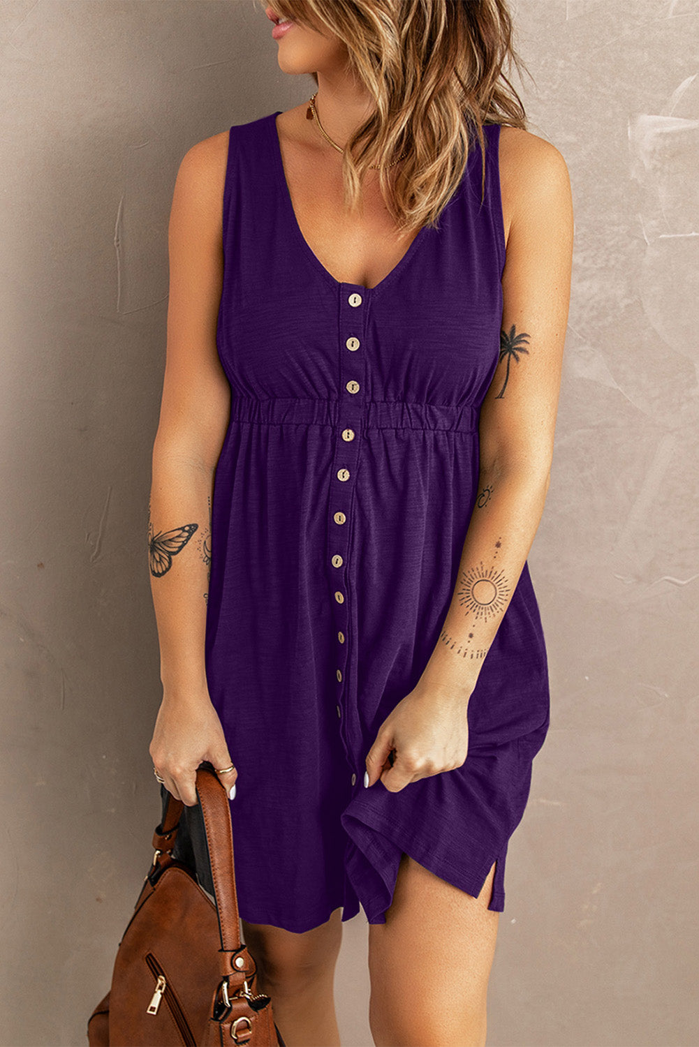 Button Front Empire Waist Sleeveless Slit Dress Angelwarriorfitness.com