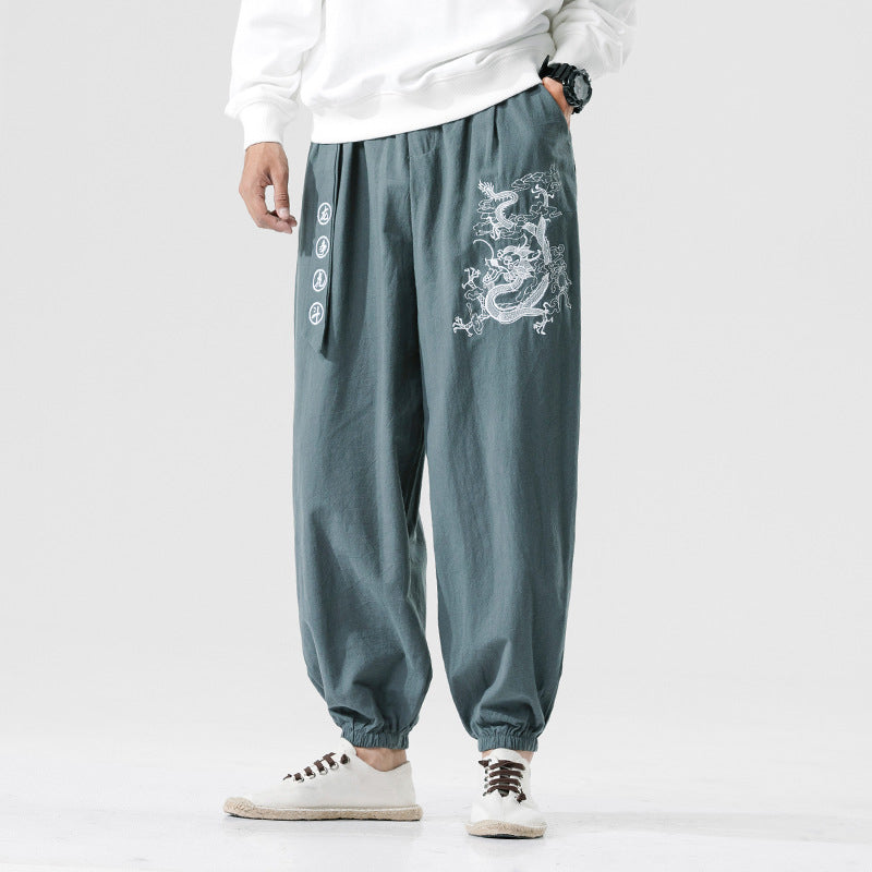 Chinese Style Large Size Dragon And Tiger Embroidery Youth Mens Cotton And Linen Casual Pants Angelwarriorfitness.com
