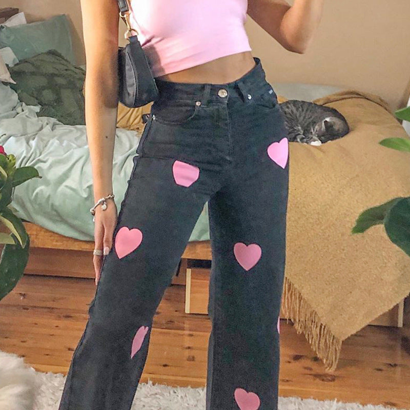 Fashionable love printed jeans Angelwarriorfitness.com