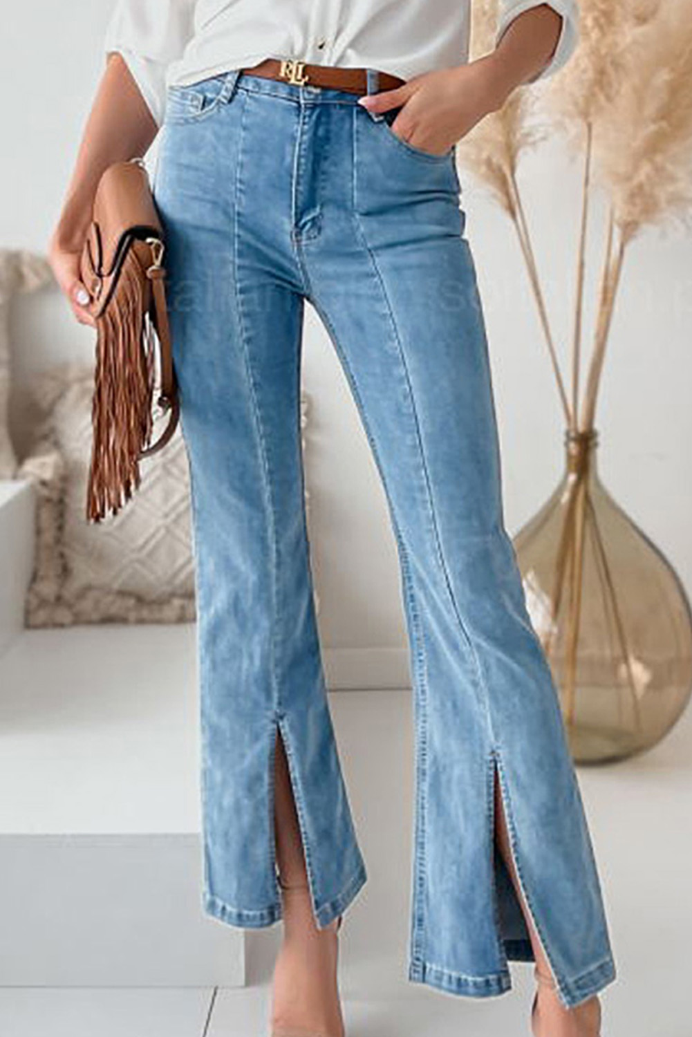 Sky Blue High Waist Seamed Split Flare Jeans Angelwarriorfitness.com
