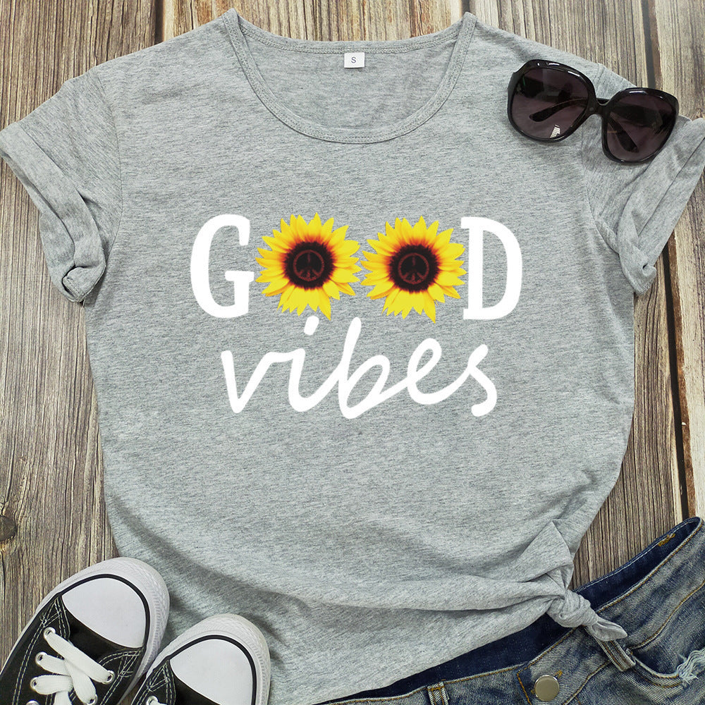 Letter Sunflower Print Ladies Short Sleeve O Neck Loose T Shirt Summer Ladies Angelwarriorfitness.com