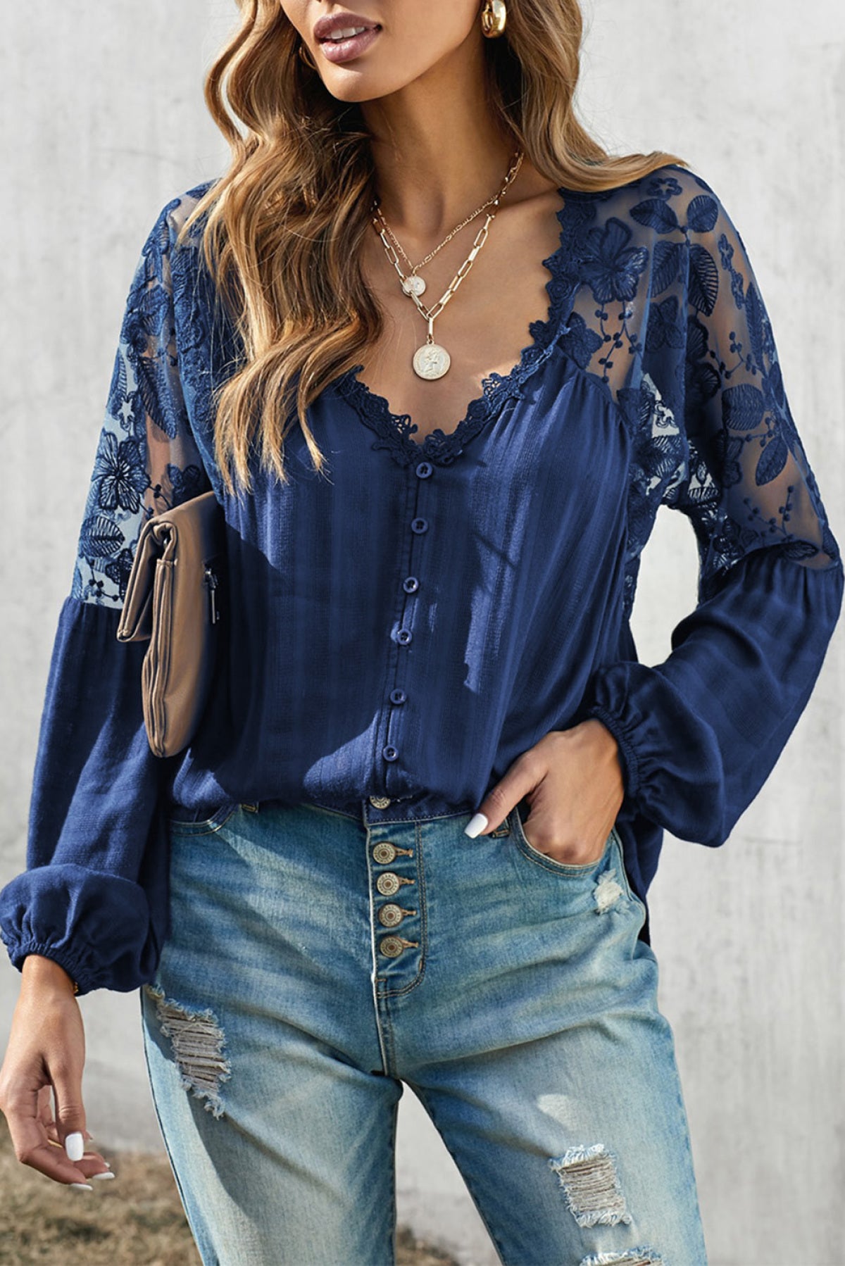 V Neckline Lace Shoulder Patchwork Blouse Angelwarriorfitness.com