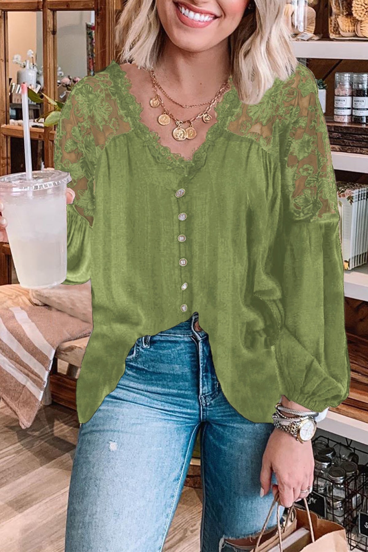 V Neckline Lace Shoulder Patchwork Blouse Angelwarriorfitness.com