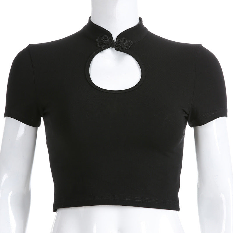 Explosion models sexy openwork button collar collar T-shirt tops women Angelwarriorfitness.com