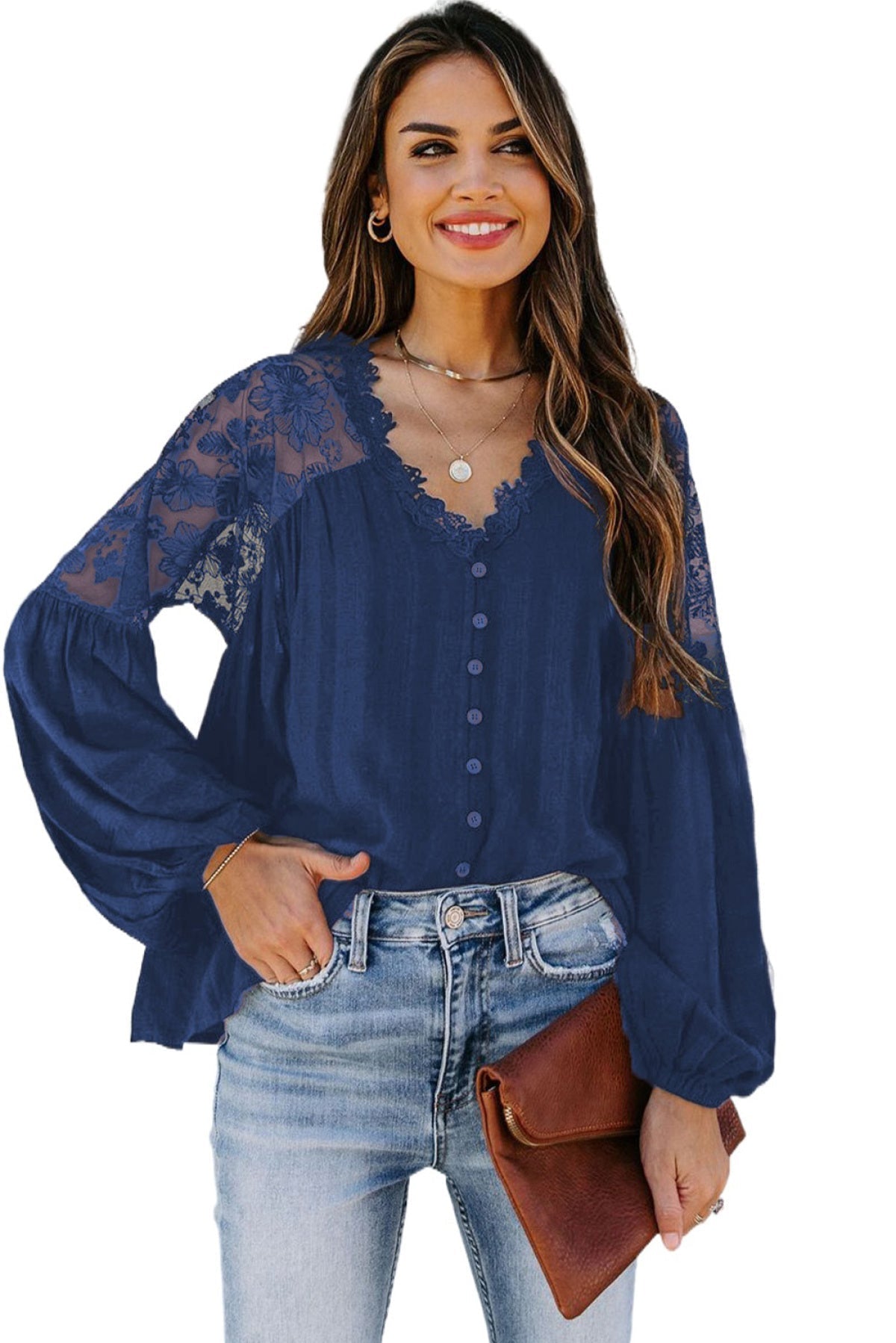V Neckline Lace Shoulder Patchwork Blouse Angelwarriorfitness.com