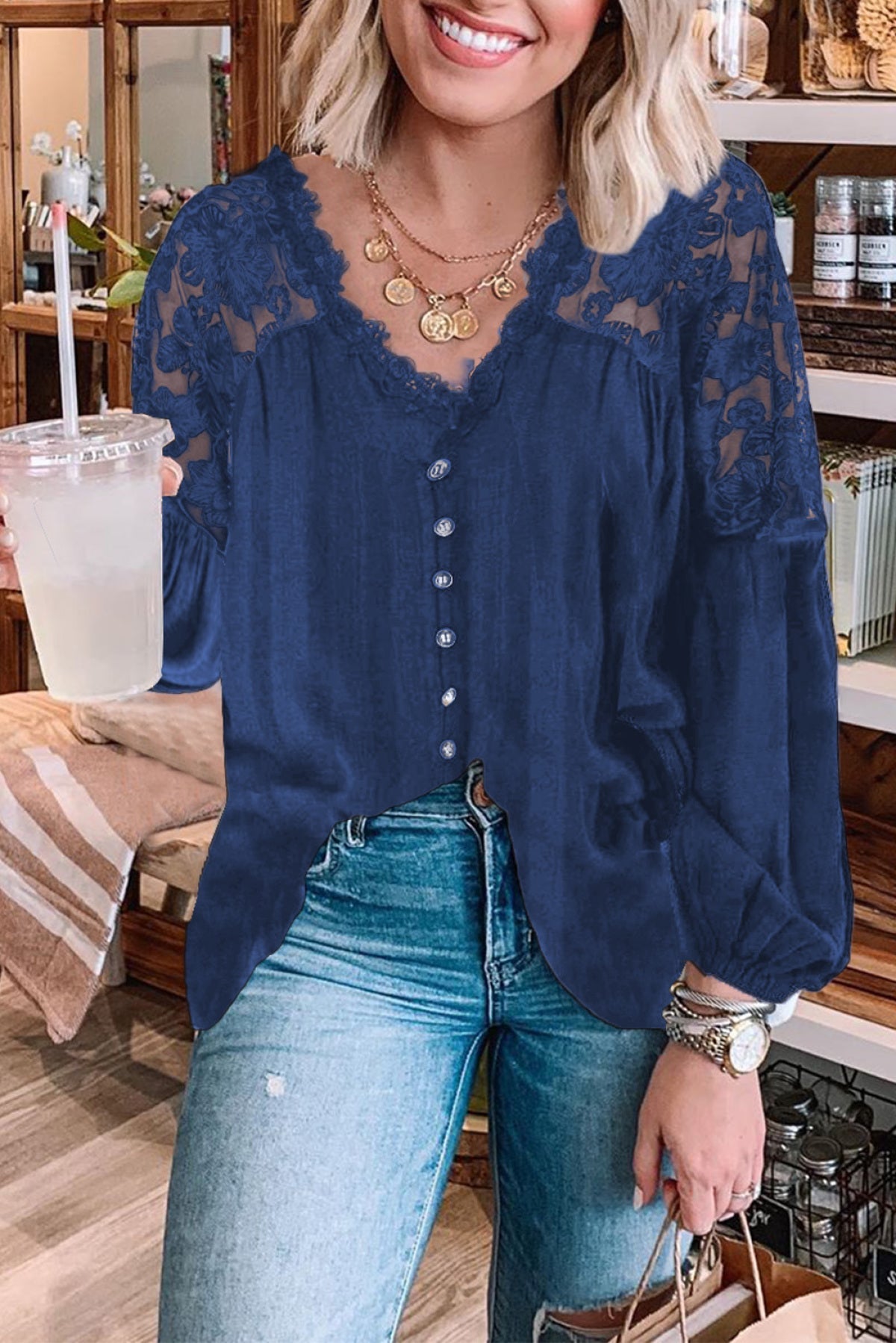 V Neckline Lace Shoulder Patchwork Blouse Angelwarriorfitness.com