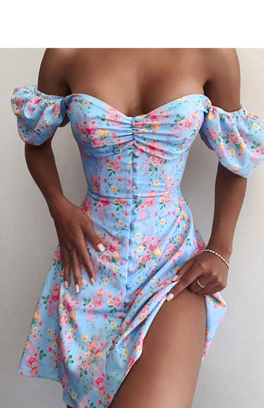 Flower-Wrapped Waist Dress With Lantern Sleeves Angelwarriorfitness.com