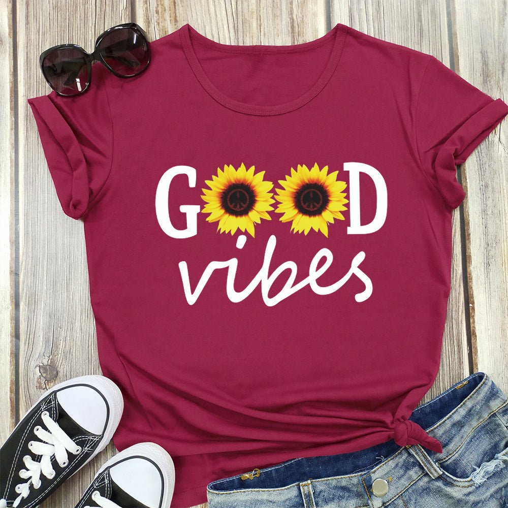 Letter Sunflower Print Ladies Short Sleeve O Neck Loose T Shirt Summer Ladies Angelwarriorfitness.com