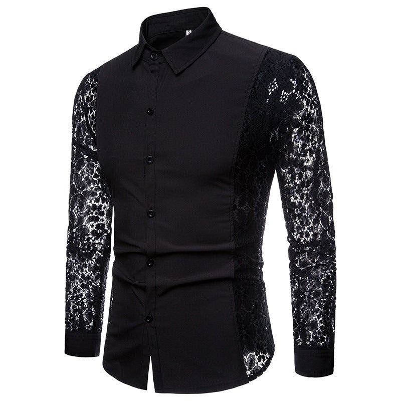 Lace Accents of Sophistication: Men's Luxuriously Designed Buttoned Shirt with Full Lace Arms Angelwarriorfitness.com