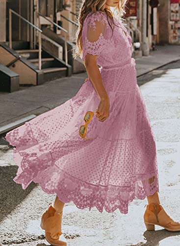 Women's V Neck Button Down Floral Lace Maxi Dress Casual Short Angelwarriorfitness.com