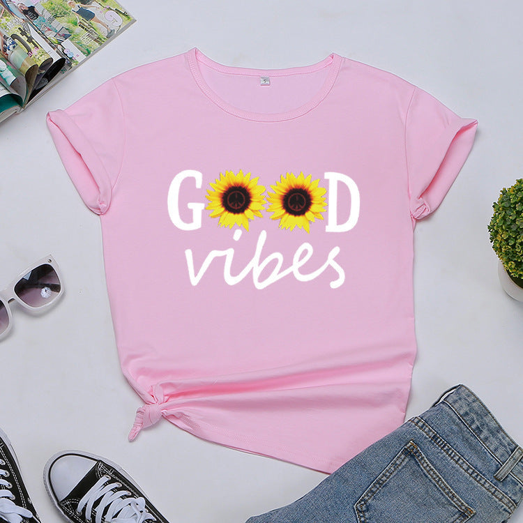 Letter Sunflower Print Ladies Short Sleeve O Neck Loose T Shirt Summer Ladies Angelwarriorfitness.com