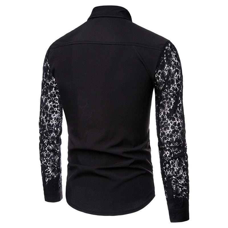 Lace Accents of Sophistication: Men's Luxuriously Designed Buttoned Shirt with Full Lace Arms Angelwarriorfitness.com