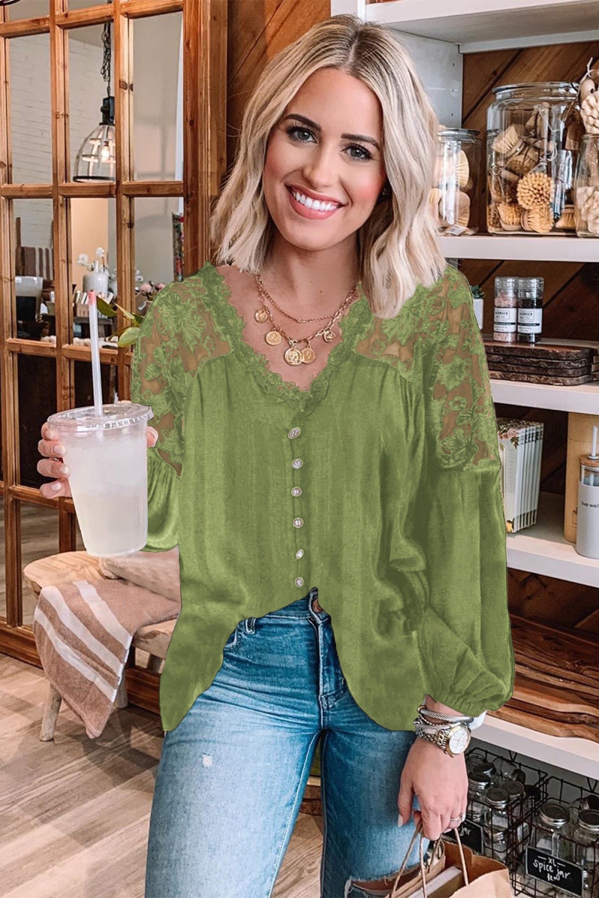 V Neckline Lace Shoulder Patchwork Blouse Angelwarriorfitness.com