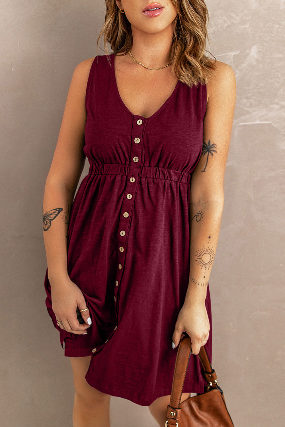 Button Front Empire Waist Sleeveless Slit Dress Angelwarriorfitness.com