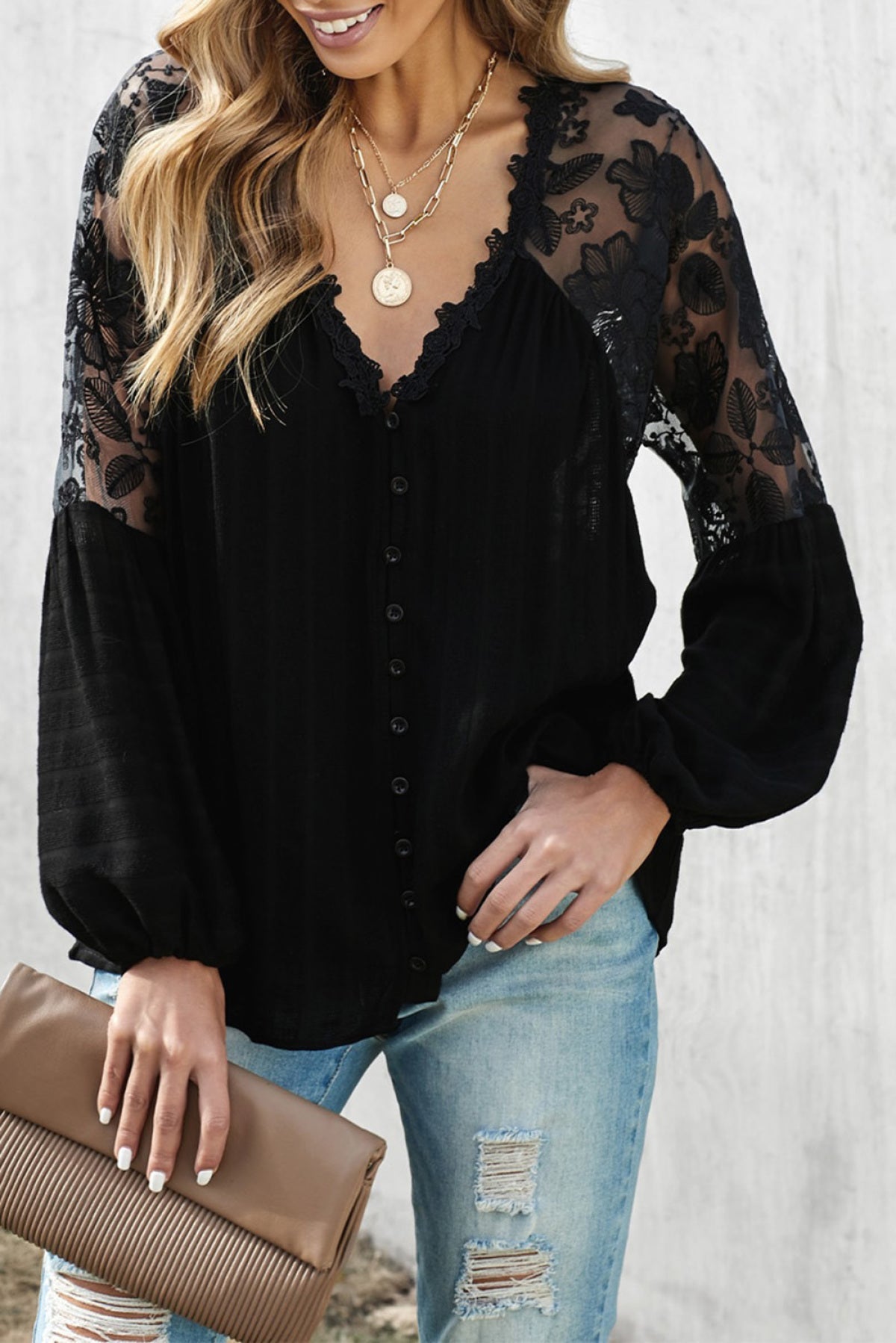 V Neckline Lace Shoulder Patchwork Blouse Angelwarriorfitness.com