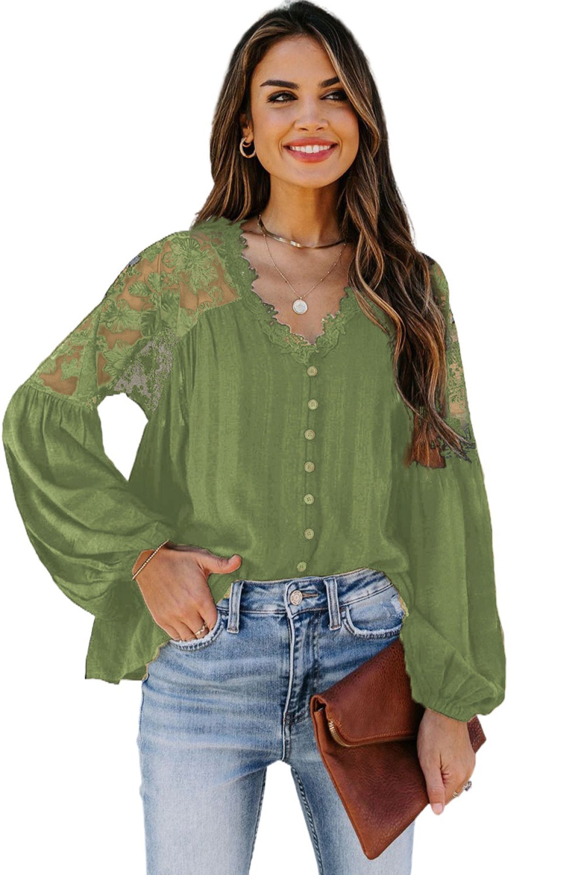 V Neckline Lace Shoulder Patchwork Blouse Angelwarriorfitness.com