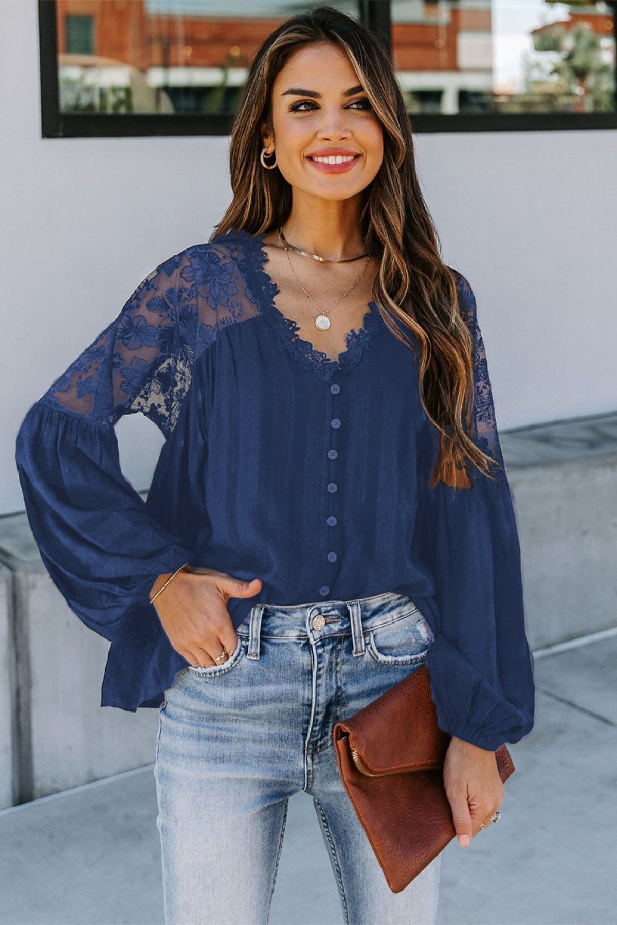 V Neckline Lace Shoulder Patchwork Blouse Angelwarriorfitness.com