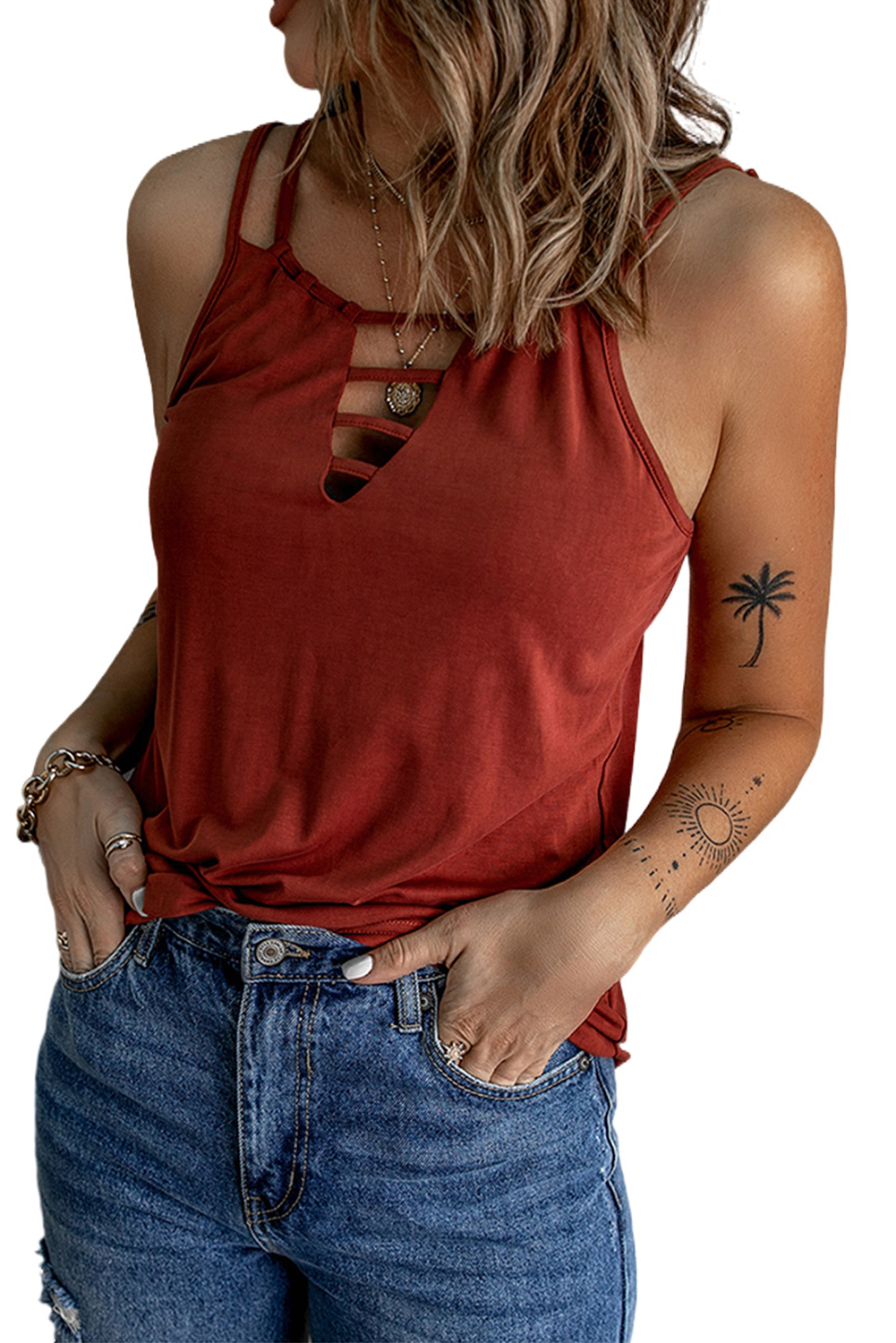 Wine Red Ladder Hollow-Out Tank Top Angelwarriorfitness.com
