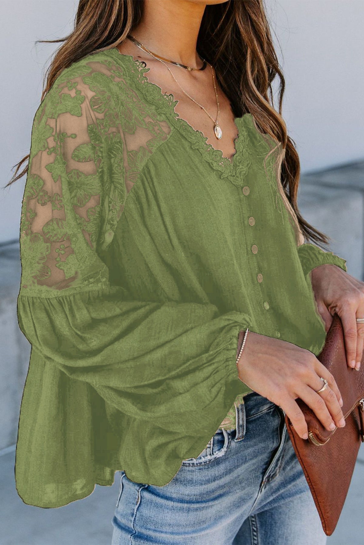 V Neckline Lace Shoulder Patchwork Blouse Angelwarriorfitness.com