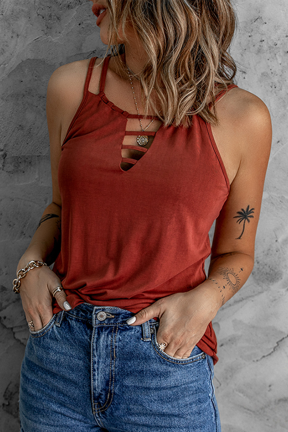 Wine Red Ladder Hollow-Out Tank Top Angelwarriorfitness.com