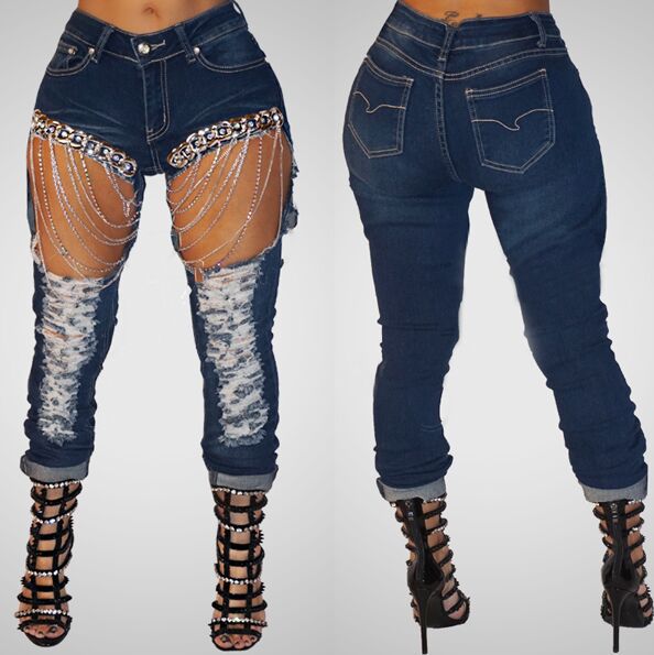 Women ripped chain jeans big size 2xl skinny jeans Angelwarriorfitness.com
