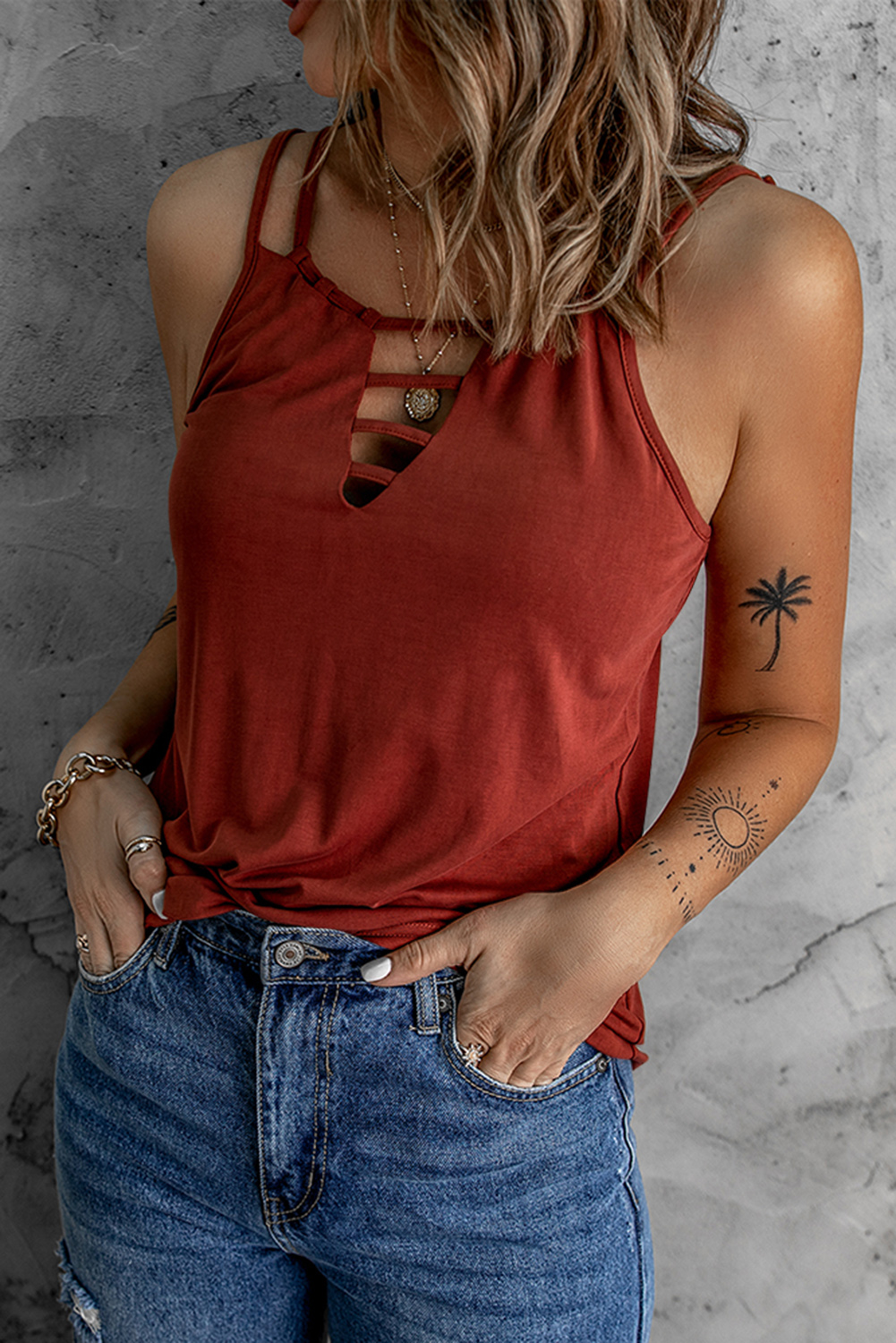 Wine Red Ladder Hollow-Out Tank Top Angelwarriorfitness.com