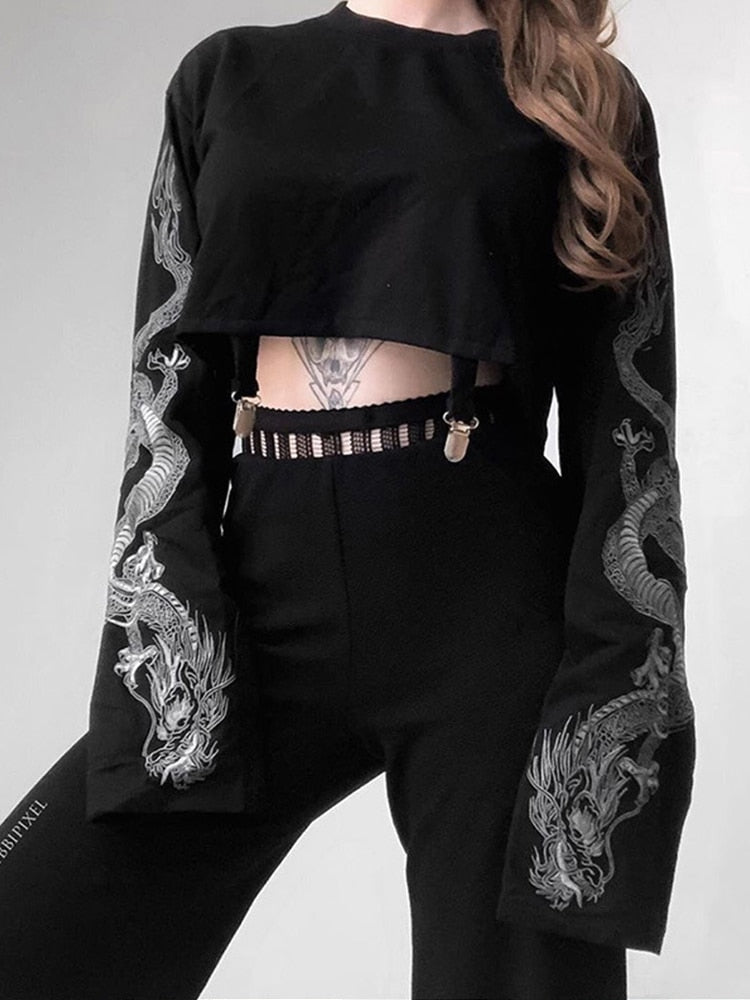 InsGoth Black Crop Top Hoodie Women Sweatshirt Gothic Punk Grunge Dragon Printed Harajuku Loose Sweatshirt Pullover Female Top Angelwarriorfitness.com