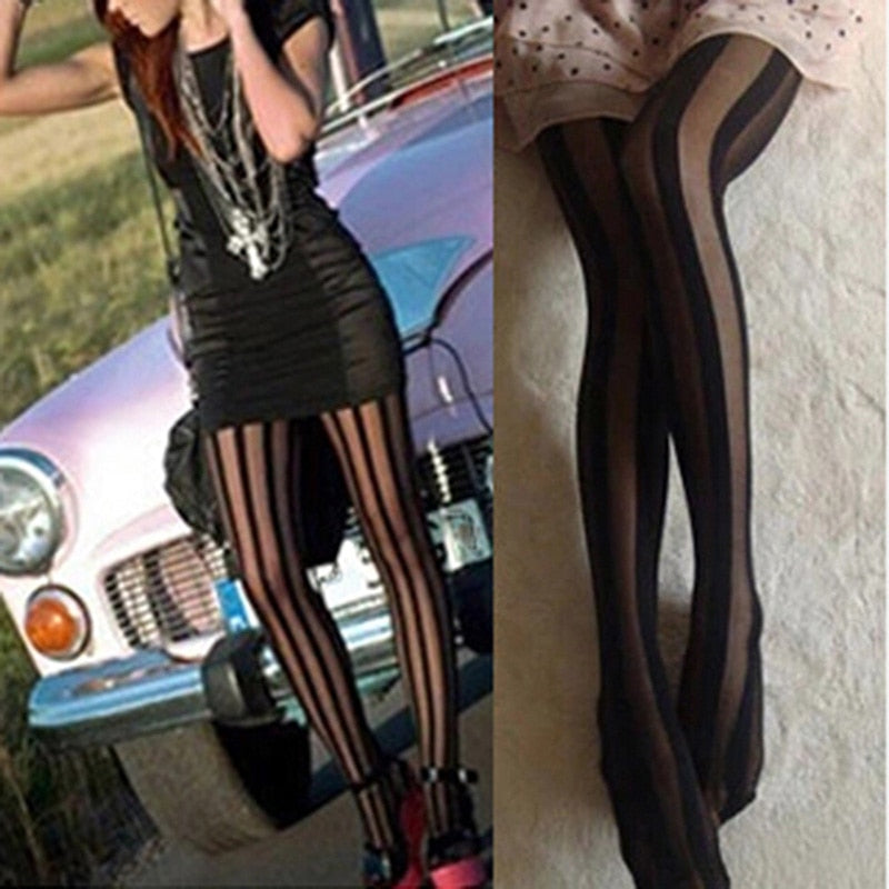 Sexy Black Vertical Striped Tights Gothic Punk Stripe Tights Women Temptation Sheer Suspender Tights Pantyhose Stockings Angelwarriorfitness.com