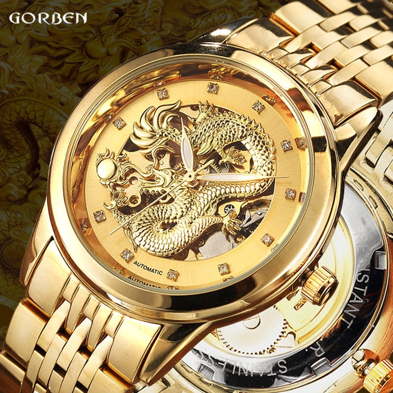 Luxury Dragon Skeleton Automatic Mechanical Watches For Men Wrist Watch Stainless Steel Strap Gold Clock Waterproof Mens relogio Angelwarriorfitness.com