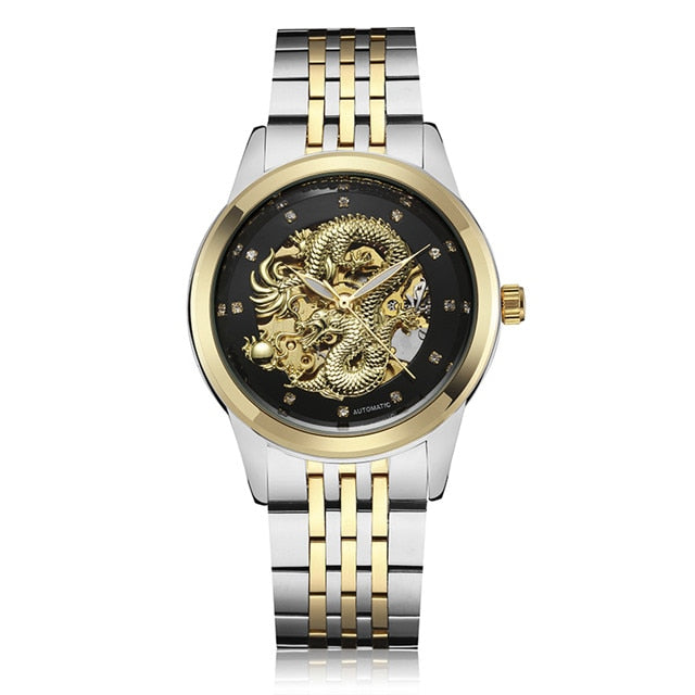 Luxury Dragon Skeleton Automatic Mechanical Watches For Men Wrist Watch Stainless Steel Strap Gold Clock Waterproof Mens relogio Angelwarriorfitness.com