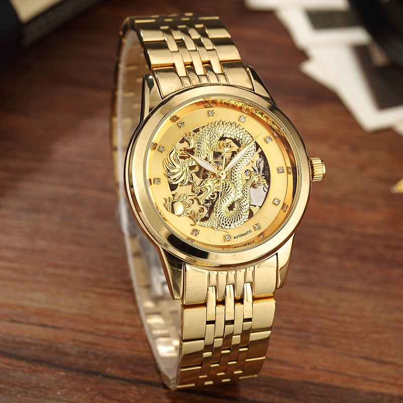 Luxury Dragon Skeleton Automatic Mechanical Watches For Men Wrist Watch Stainless Steel Strap Gold Clock Waterproof Mens relogio Angelwarriorfitness.com