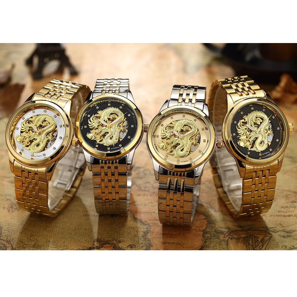 Luxury Dragon Skeleton Automatic Mechanical Watches For Men Wrist Watch Stainless Steel Strap Gold Clock Waterproof Mens relogio Angelwarriorfitness.com