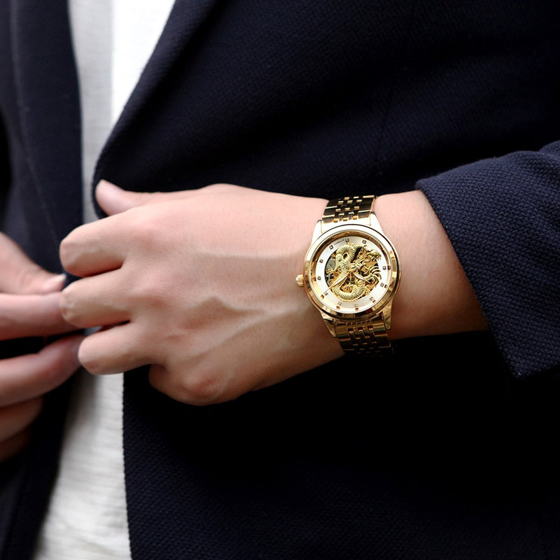 Luxury Dragon Skeleton Automatic Mechanical Watches For Men Wrist Watch Stainless Steel Strap Gold Clock Waterproof Mens relogio Angelwarriorfitness.com
