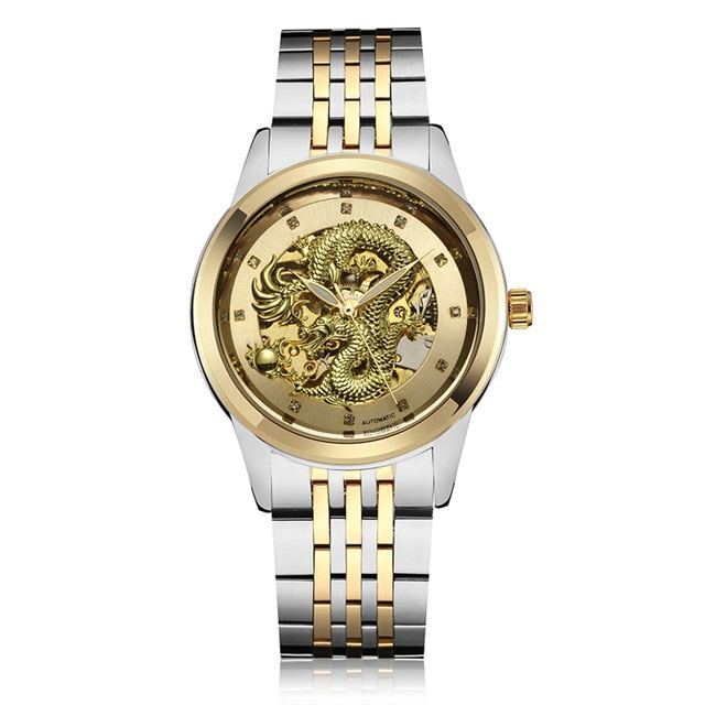Luxury Dragon Skeleton Automatic Mechanical Watches For Men Wrist Watch Stainless Steel Strap Gold Clock Waterproof Mens relogio Angelwarriorfitness.com