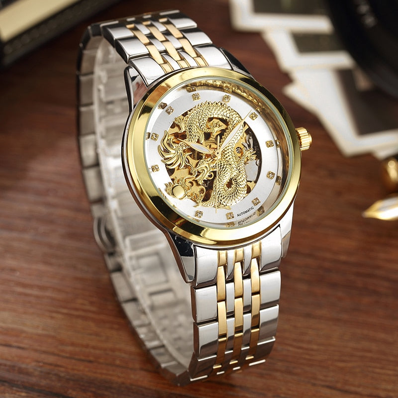 Luxury Dragon Skeleton Automatic Mechanical Watches For Men Wrist Watch Stainless Steel Strap Gold Clock Waterproof Mens relogio Angelwarriorfitness.com