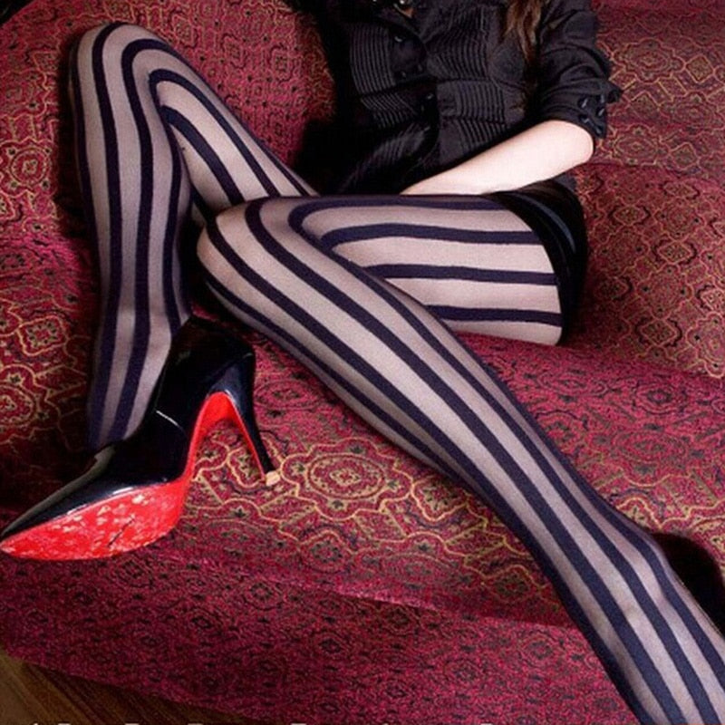 Sexy Black Vertical Striped Tights Gothic Punk Stripe Tights Women Temptation Sheer Suspender Tights Pantyhose Stockings Angelwarriorfitness.com