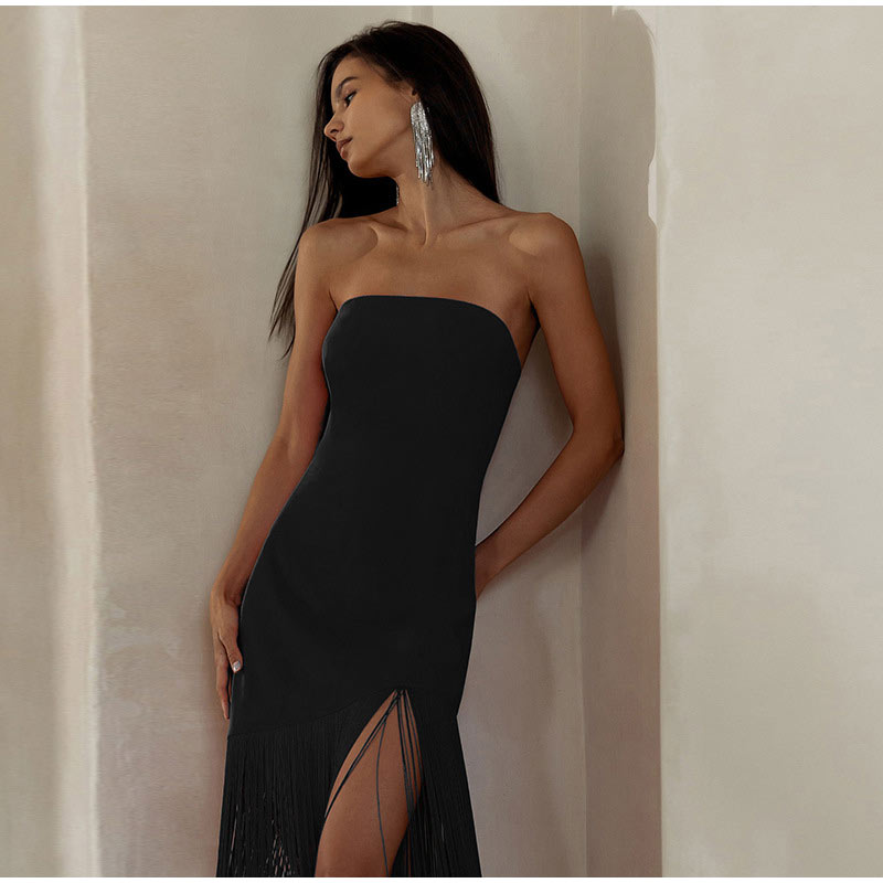 Sexy slim Fringe Tube Top Side Slit Dress Angelwarriorfitness.com