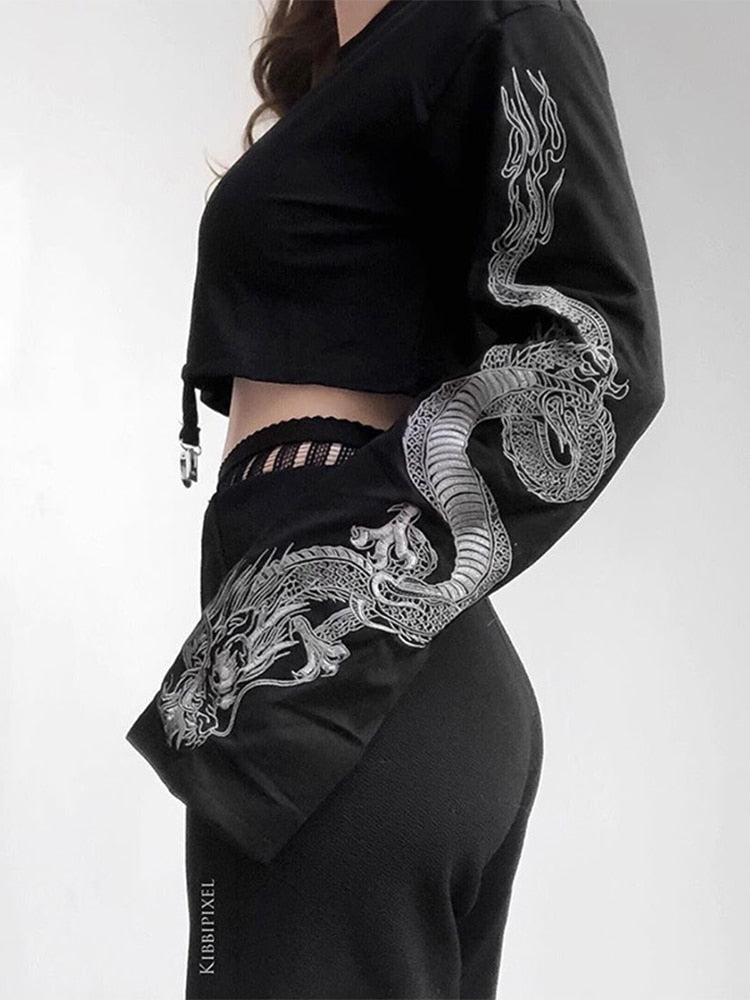 InsGoth Black Crop Top Hoodie Women Sweatshirt Gothic Punk Grunge Dragon Printed Harajuku Loose Sweatshirt Pullover Female Top Angelwarriorfitness.com