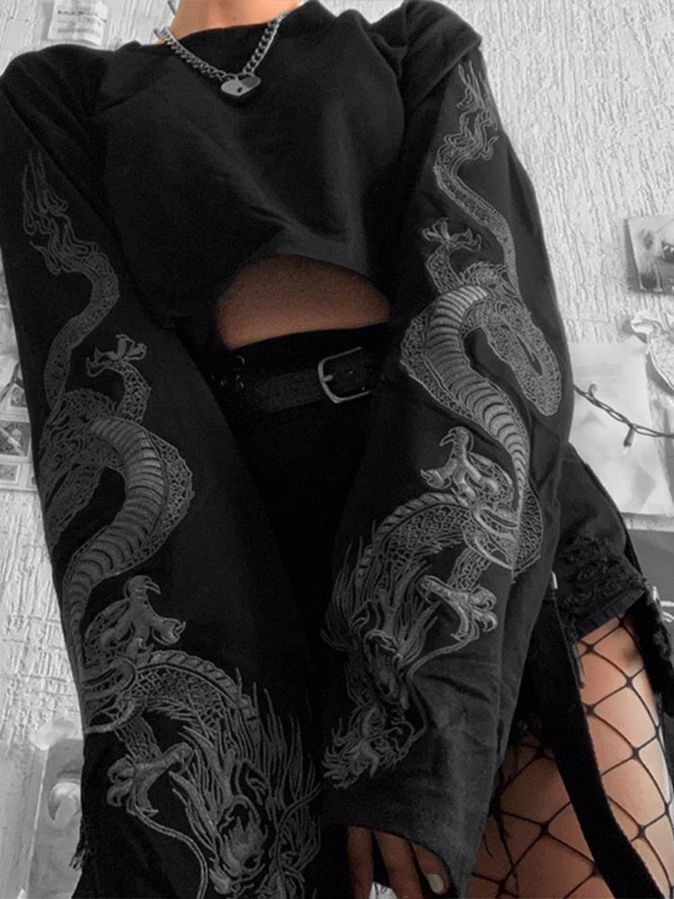 InsGoth Black Crop Top Hoodie Women Sweatshirt Gothic Punk Grunge Dragon Printed Harajuku Loose Sweatshirt Pullover Female Top Angelwarriorfitness.com