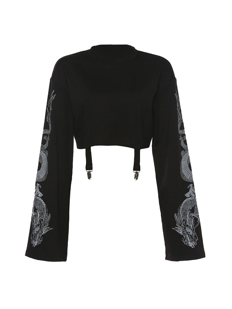 InsGoth Black Crop Top Hoodie Women Sweatshirt Gothic Punk Grunge Dragon Printed Harajuku Loose Sweatshirt Pullover Female Top Angelwarriorfitness.com