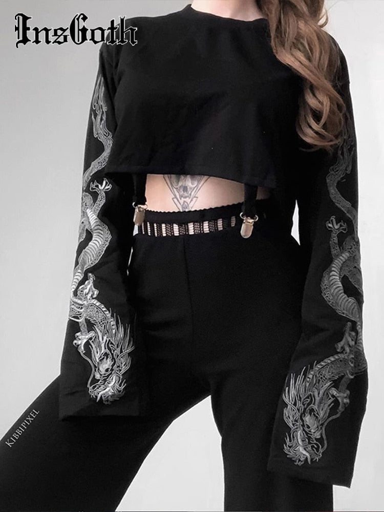InsGoth Black Crop Top Hoodie Women Sweatshirt Gothic Punk Grunge Dragon Printed Harajuku Loose Sweatshirt Pullover Female Top Angelwarriorfitness.com