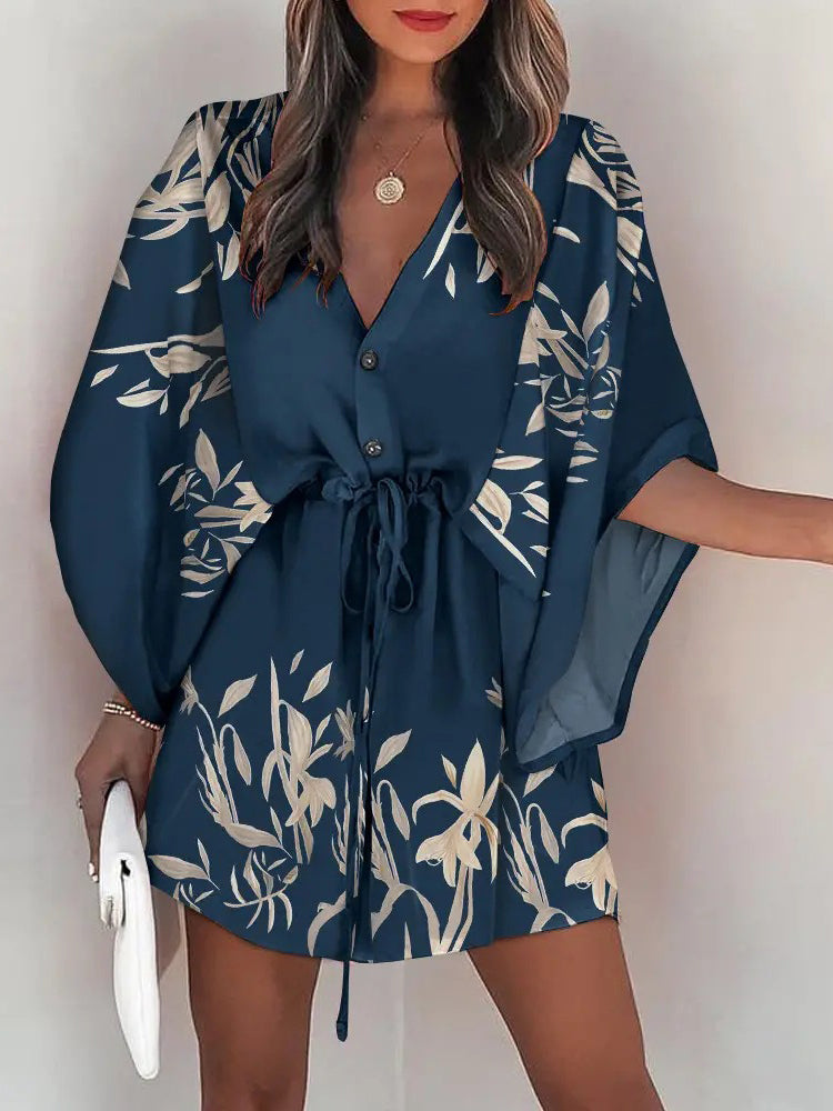 Summer Casual Loose Print Mini Dress Women's 2022 Fashion V-neck Angelwarriorfitness.com