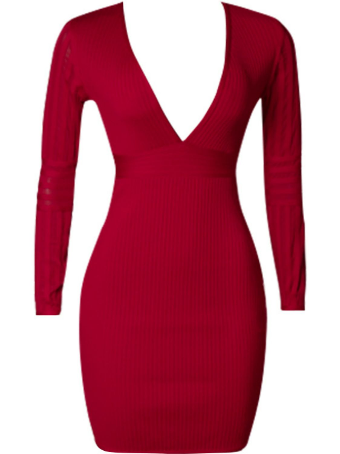 Ribbed Deep V Long Sleeve Mini Bandage Dress Angelwarriorfitness.com