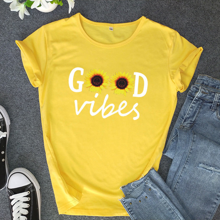Letter Sunflower Print Ladies Short Sleeve O Neck Loose T Shirt Summer Ladies Angelwarriorfitness.com