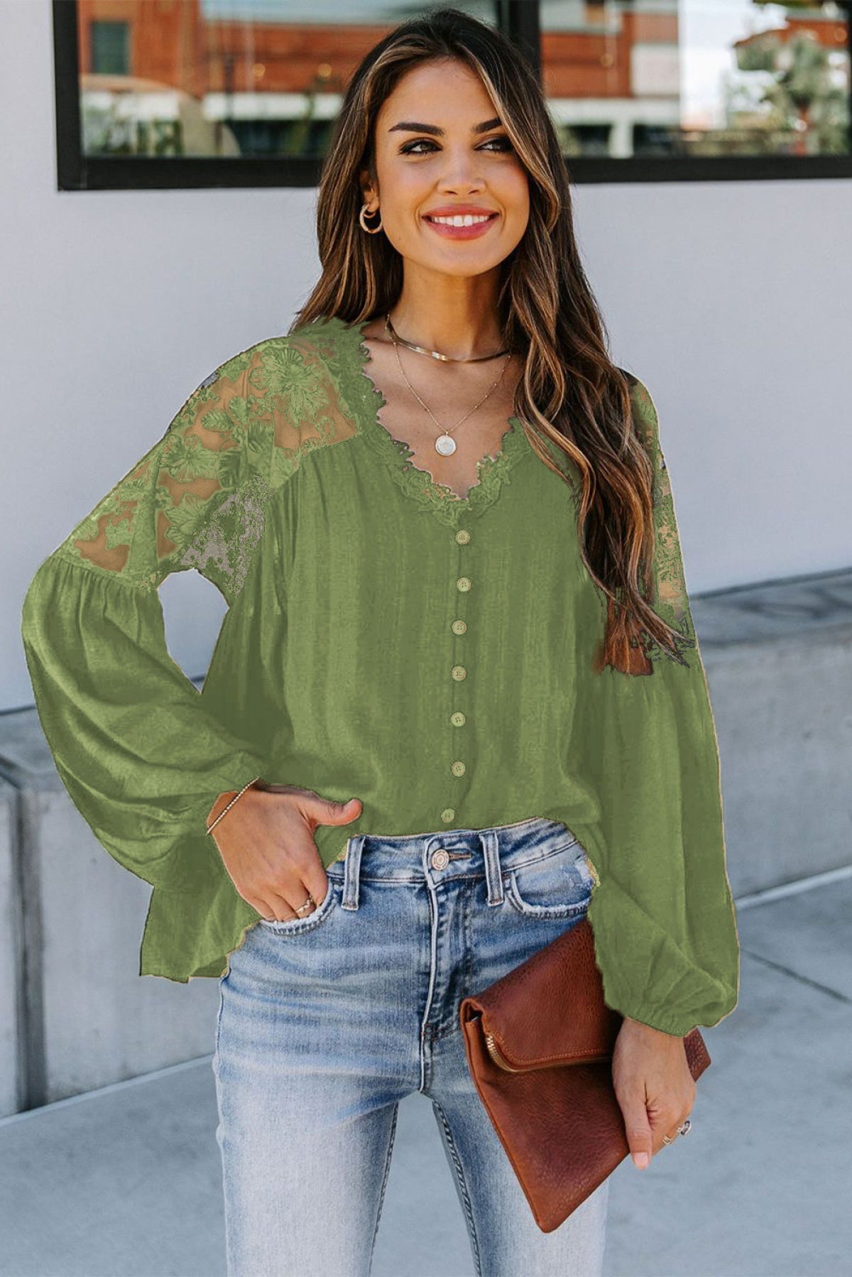V Neckline Lace Shoulder Patchwork Blouse Angelwarriorfitness.com