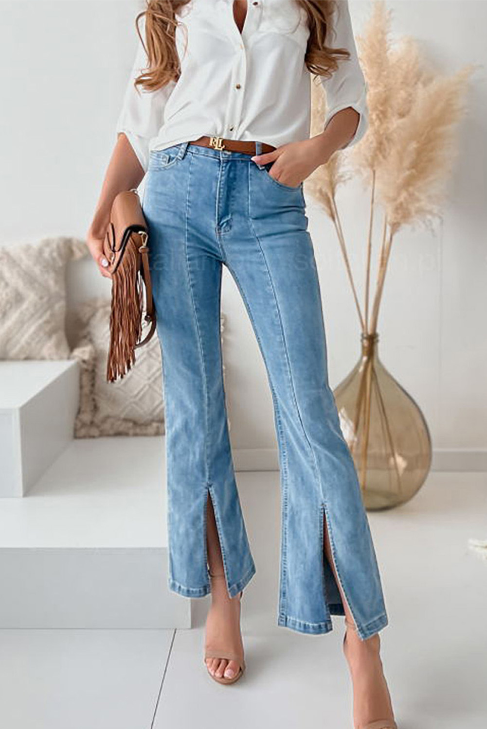 Sky Blue High Waist Seamed Split Flare Jeans Angelwarriorfitness.com