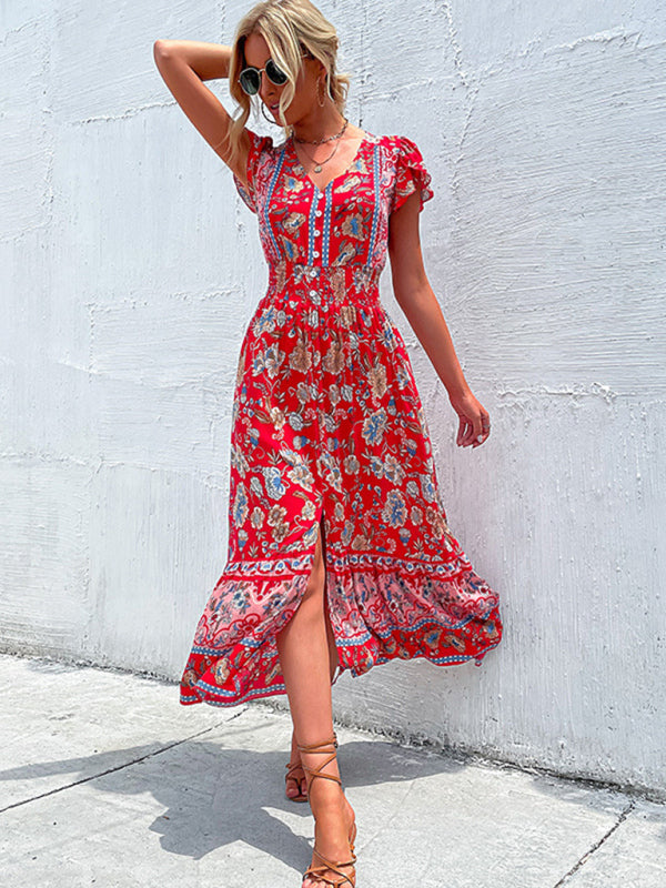 women's v-neck slim slit red dress Angelwarriorfitness.com